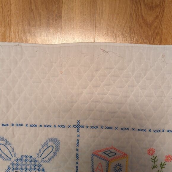 Vintage Cross Stitch Baby Quilt Blanket Blocks Bunny Elephant Bear Flowers - Picture 9 of 11